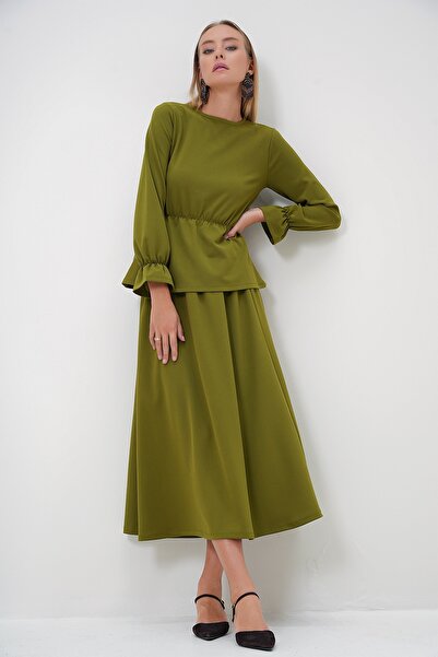 Trend Alaçatı Stili Women's Oil Green Crew Neck Sleeves Flounce Tunic and Skirt Set Alc-X12871