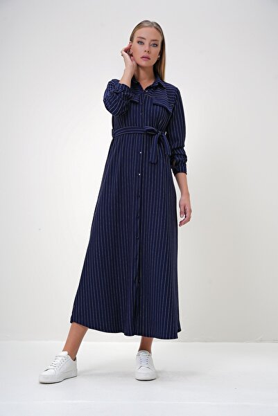 Trend Alaçatı Stili Women's Navy Blue Striped Pocket Flap Belted Crepe Knitted Dress Alc-X12928