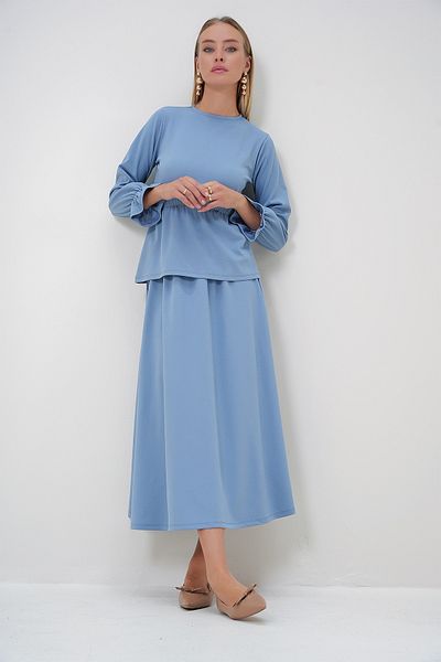 Trend Alaçatı Stili Women's Blue Crew Neck Sleeves Flounce Tunic and Skirt Set Alc-X12871