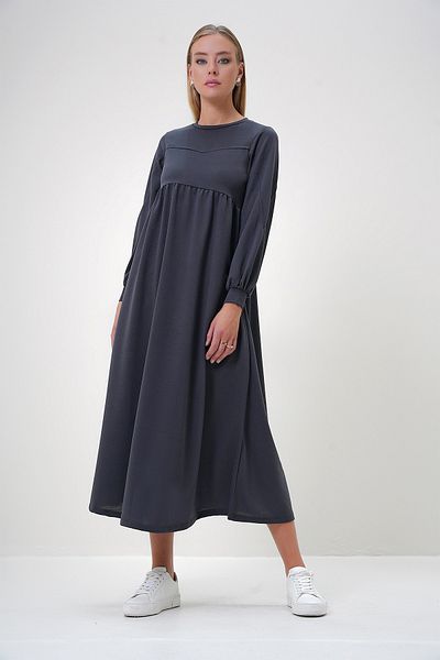 Trend Alaçatı Stili Women's Dark Gray Crew Neck Waist-Seated Two-Yarn Dress Alc-X12808