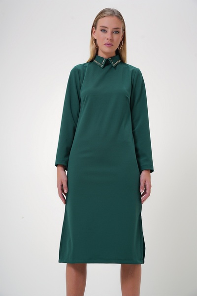 Trend Alaçatı Stili Emerald Green Bird's Eye Λεπτομερές σχισμένο κρεπ φόρεμα - πουκάμισο γιακά ALC-X12869