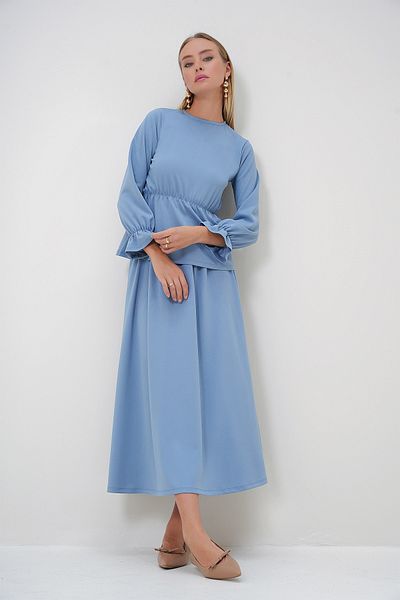 Trend Alaçatı Stili Women's Blue Crew Neck Sleeves Flounce Tunic and Skirt Set Alc-X12871