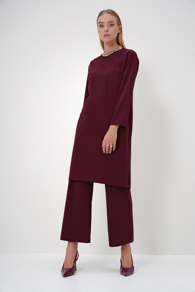 Trend Alaçatı Stili Women's Plum Crew Neck Side Slit Long Tunic and Trousers ...