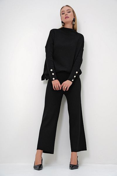 Trend Alaçatı Stili Women's Black Stand Collar Low Sleeve Knitwear Pants and Blouse Set Alc-X12832