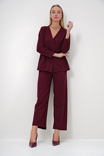 Trend Alaçatı Stili Plum Double Breasted Collar and Double Pocket Women's Jacket and Trousers Set - Alc-X12896