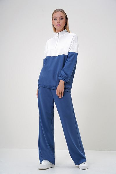 Trend Alaçatı Stili Women's Indigo Stand Collar Zipper Color Block Two Thread Under-Upper Suit Alc-X12887