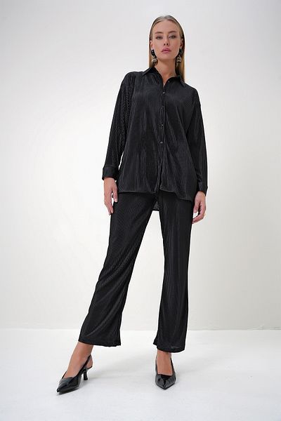 Trend Alaçatı Stili Women's Black Pleated Shirt and Trousers Top and Bottom Set Alc-X12906