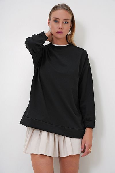 Trend Alaçatı Stili Schwarzes Basic-Oversize-Sweatshirt mit Rundhalsausschnitt für Damen ALC-X12917