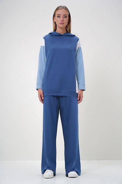 Trend Alaçatı Stili Women's Indigo Hooded Color Block Two Thread Under-Upper Set Alc-X12889