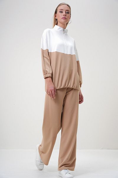 Trend Alaçatı Stili Women's Ecru-Beige Stand Collar Zippered Color Block Two Thread Bottom-Top Suit Alc-X12887