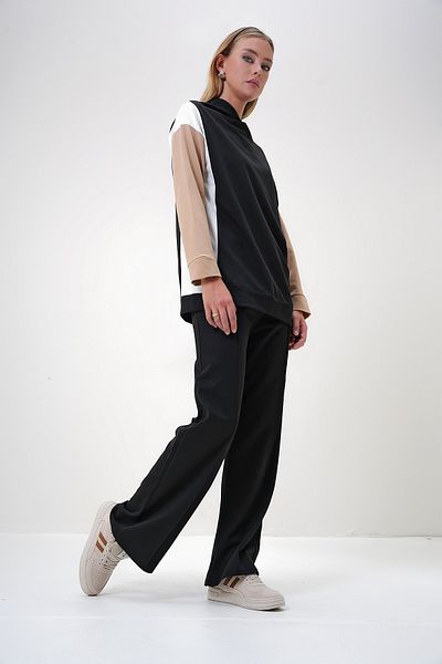 Trend Alaçatı Stili Women's Black Hooded Color Block Two Thread Under-Upper Set Alc-X12889