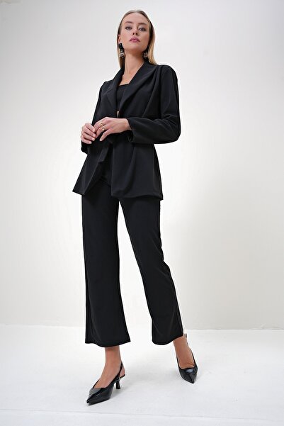 Trend Alaçatı Stili Kadın Siyah Şal Yaka Kendinden Kemerli Ceket Ve Palazzo Pantolon Takım ALC-X12905