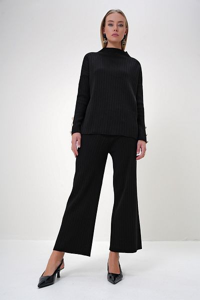Trend Alaçatı Stili Women's Black Stand Collar Low Sleeve Knitwear Pants and Blouse Set Alc-X12832