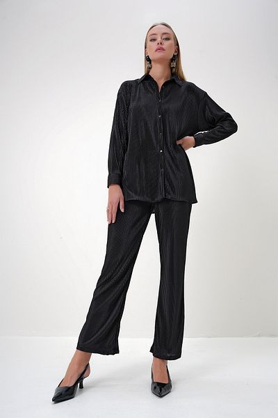 Trend Alaçatı Stili Women's Black Pleated Shirt and Trousers Top and Bottom Set Alc-X12906