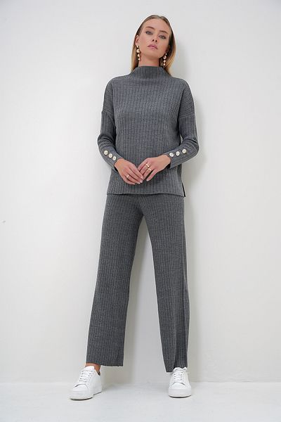 Trend Alaçatı Stili Women's Anthracite Stand Collar Low Sleeve Knitwear Trousers and Blouse Set Alc-X12832
