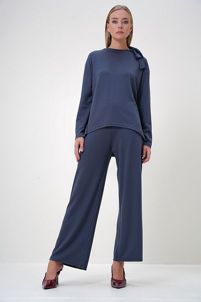 Trend Alaçatı Stili Women's Gray Crew Neck Halter Detailed Modal Fabric Tunic and Trousers Set Alc-X12881