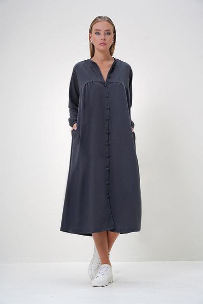 Trend Alaçatı Stili Women's Anthracite Crew Neck Buttoned Front Double Pocket Knitted Dress Alc-X12866