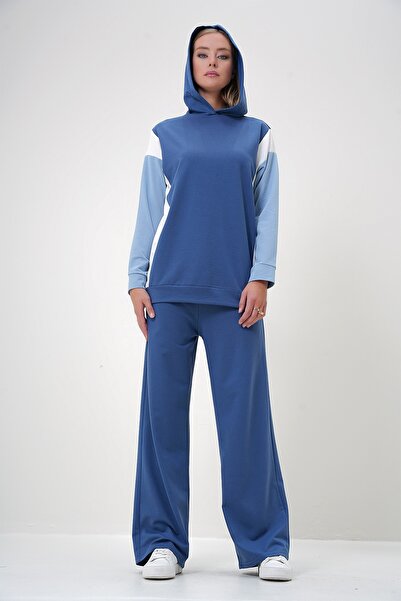 Trend Alaçatı Stili Damen-Set mit Kapuze in Indigo, Farbblockierung, zwei Fäden, unten und oben, ALC-X12889