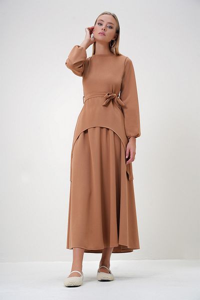 Trend Alaçatı Stili Women's Mink Crew Neck Asymmetrical Cut Tunic and Skirt Set Alc-X12870