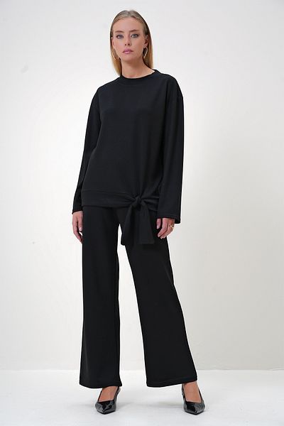 Trend Alaçatı Stili Women's Black Crew Neck Tie Detailed Modal Fabric Long Blouse and Trousers Suit Alc-X12880