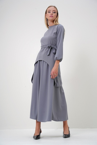 Trend Alaçatı Stili Women's Gray Crew Neck Asymmetrical Cut Tunic and Skirt Set Alc-X12870