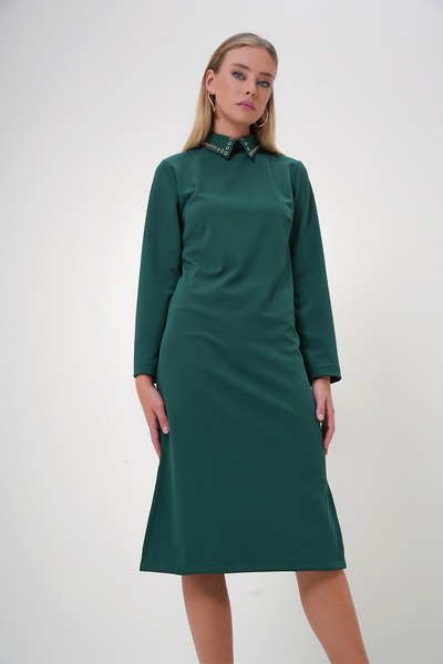 Trend Alaçatı Stili Emerald Green Bird's Eye Λεπτομερές σχισμένο κρεπ φόρεμα - πουκάμισο γιακά ALC-X12869