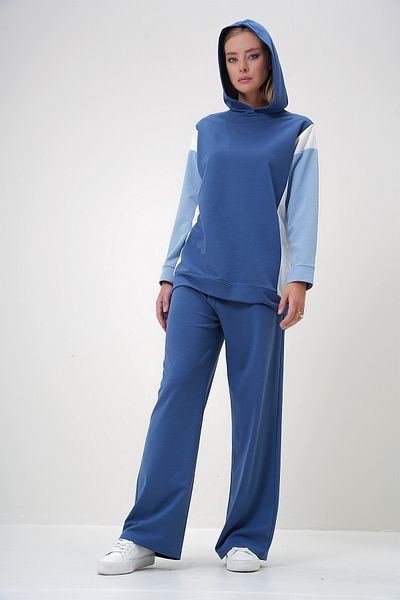 Trend Alaçatı Stili Women's Indigo Hooded Color Block Two Thread Under-Upper Set Alc-X12889