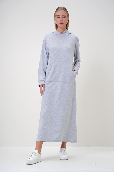 Trend Alaçatı Stili Kadın Gri Kapüşonlu Kangru Cepli İki İplik Maxi Boy Elbise ALC-X12890