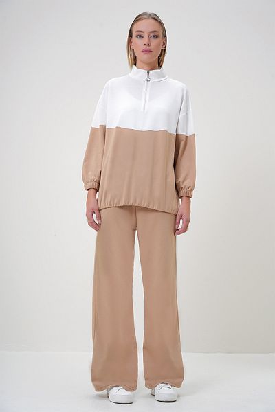 Trend Alaçatı Stili Women's Ecru-Beige Stand Collar Zippered Color Block Two Thread Bottom-Top Suit Alc-X12887