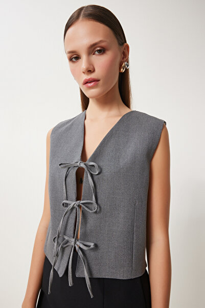 Happiness İstanbul Women's Anthracite Bow Tie Woven Vest Gp00013