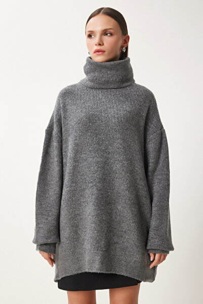 Happiness İstanbul Pulover de damă, antracit, cu gât lung, tricotaj MX00107