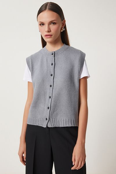 Happiness İstanbul Women's Gray Crew Neck Buttoned Knitwear Vest Us00947