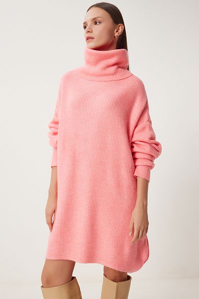 Happiness İstanbul Women's Pink Turtleneck Long Knitwear Sweater Mx00107