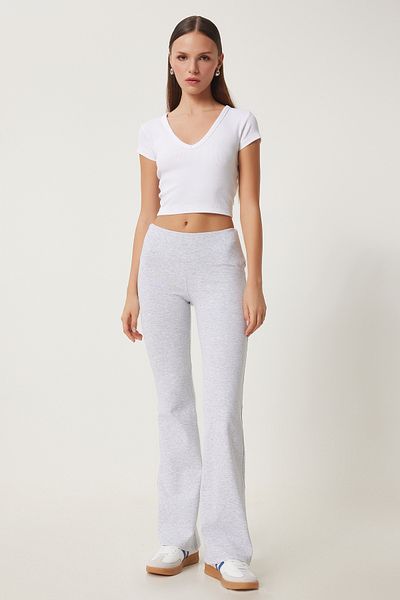 Happiness İstanbul Hellgraue Strick-Leggings mit spanischem Bein und hoher Taille für Damen HW00015