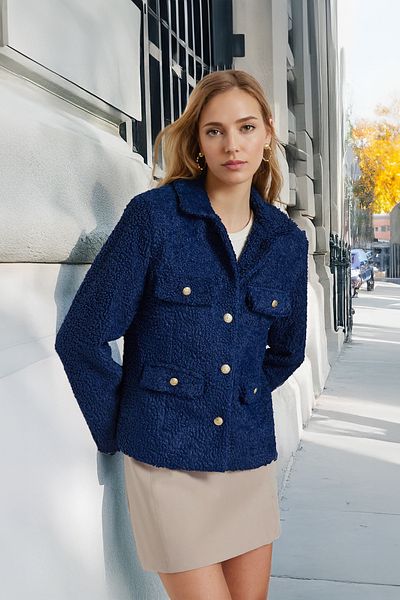 Trendyol Collection Navy Blue Regular Fit Gold Button Detailed Seasonal Plush Coat Twoaw24Kb00034