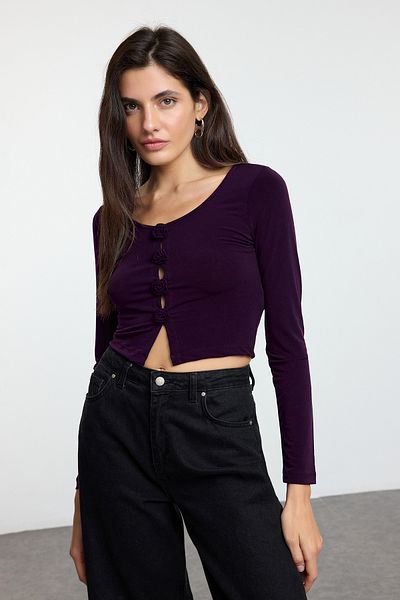 Trendyol Collection Purple Fitted/Fitted Rose Detailed Stretch Knitted Blouse Twoaw25Bz00277