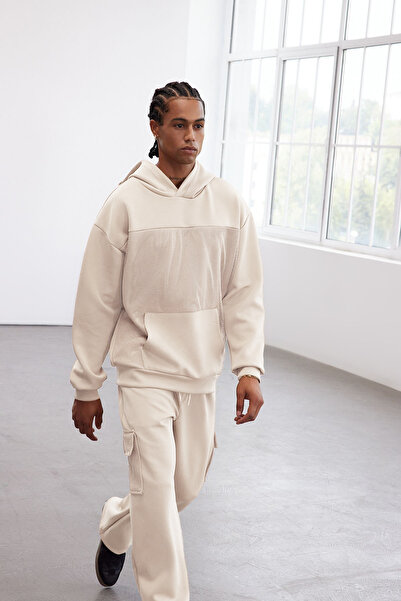 Trendyol Collection Φούτερ με κουκούλα περιορισμένης έκδοσης Mink Oversize/Wide Cut Mesh Λεπτομερής φούτερ με κουκούλα TMNAW25SW00173