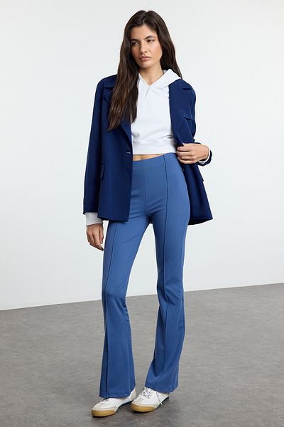 Trendyol Collection High Waist Indigo Flare Pants - Ribbed Detail and Soft Keys Twoaw25Pl00069