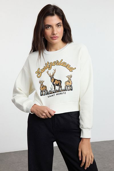 Trendyol Collection Плътен суитшърт с бродирани екрю от полар - Twoaw25Sw00054