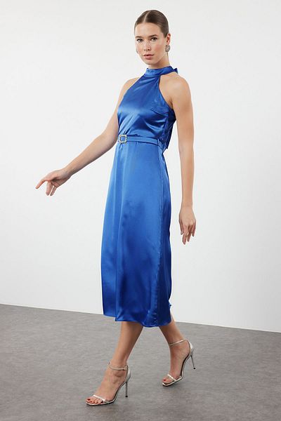 Trendyol Collection Shiny Stone Detailed Saks Satin Dress - A-Cut TPRSS24EL00238