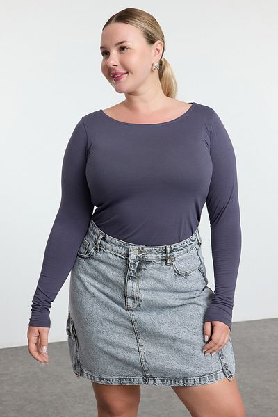 Trendyol Curve Μπλουζάκι από γκρι βαμβακερό μεγάλο μέγεθος - μακρυμάνικο, Body Shaper TBBAW25BF00000
