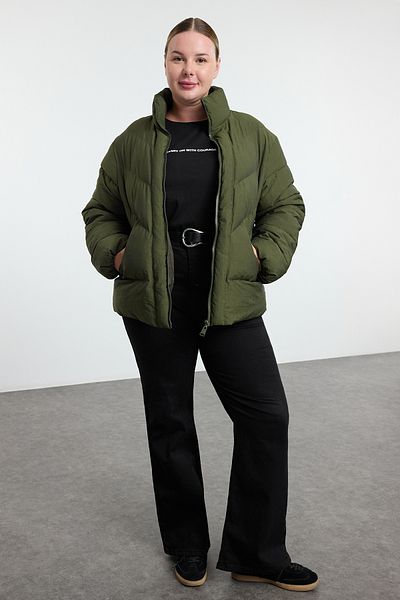 Trendyol Curve Χακί Puffer Puffer Coat - Κανονική Εφαρμογή, Ύφασμα Crikle με υφή