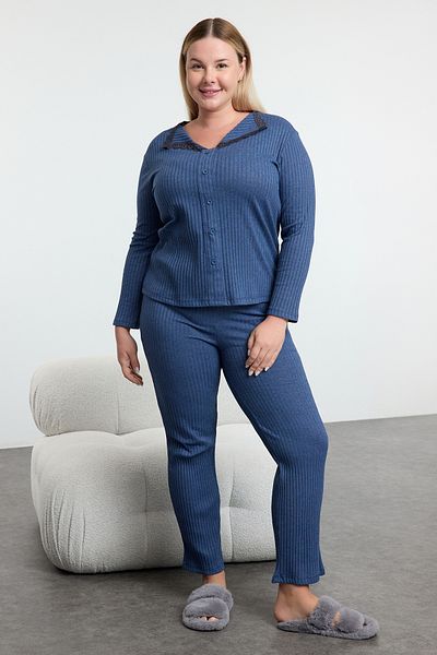 Trendyol Curve Navy Blue Knitted Pajamas Set with Ribbed Laces - Tbbaw25Ai00080