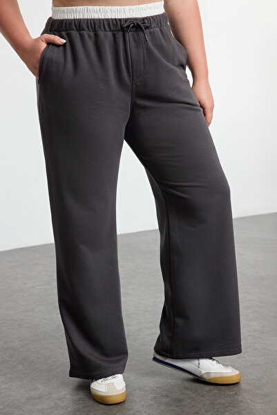 Trendyol Curve Πλεκτό παντελόνι Anthracite Plus Size - Φαρδύ πόδι και λεπτομέρεια μέσης TBBAW25AJ00005