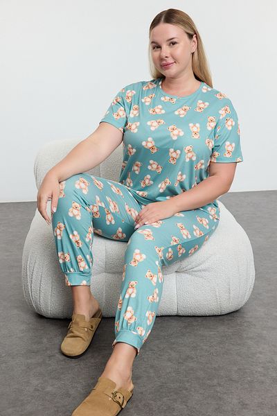 Trendyol Curve Knitted Jogger Fit Pajama Set - Mint Teddy Bear Patterned Tbbaw25Ai00082