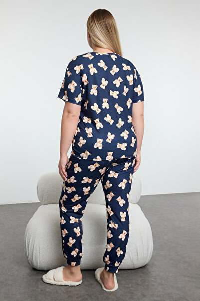 Trendyol Curve Sötétkék mackó mintás kocogó pizsama szett - TBBAW25AI00082