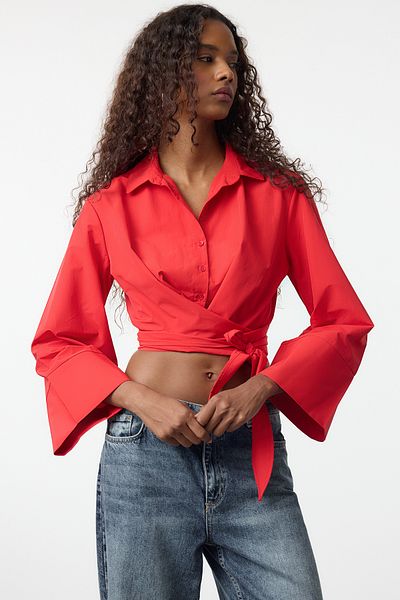 Trendyol Collection Red Binding Részletes Normál Normál Fit Szövött ing TWOAW25GO00067