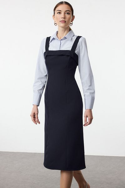 Trendyol Collection Μπλε ναυτικό ριγέ πουκάμισο με λεπτομέρεια Μίνι υφαντό φόρεμα TWOAW25EL00423