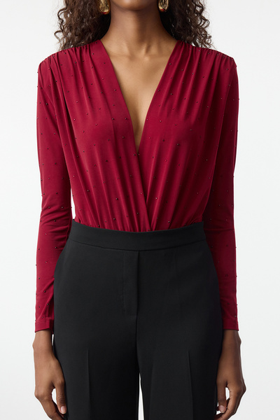 Trendyol Collection Burgundy Stone Detailed Padded Snap Fastener Bodysuit - Tpraw24Bd00043