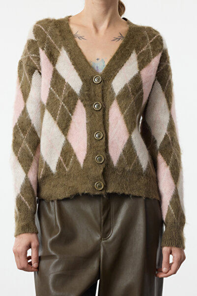 Trendyol Collection Khaki V-Neck Soft Textured Plaid Pattern Knitwear Cardigan Twoaw25Hi00276